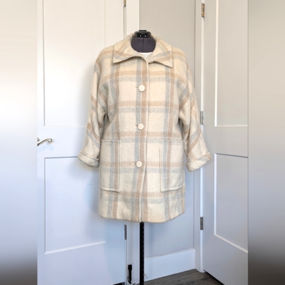 Fordan Vintage Wool Coat Mohair German Designer Beige Ivory Neutral Plaid Unique - Picture 2 of 13
